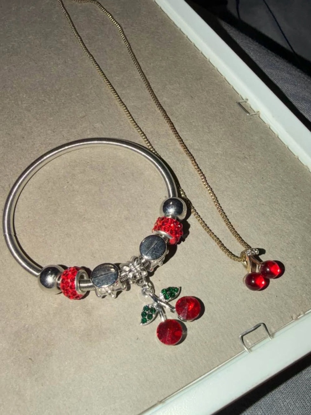 Red Cherry Charm Bracelet and Necklace Set - One size